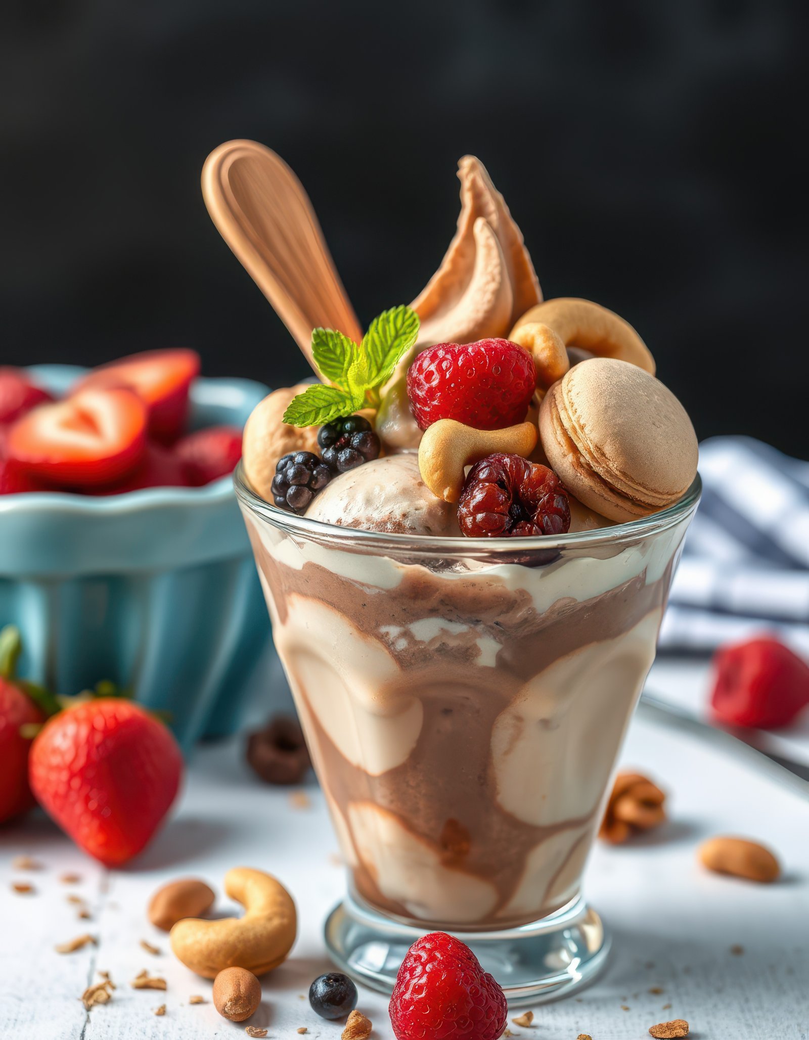 Delicious dessert featuring chocolate ice cream topped with fresh fruits and macarons served in a glass cup
